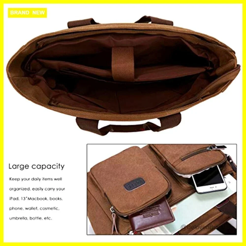 Canvas Satchel Tote with Adjustable Strap, Multiple Pockets, Work Travel Bag